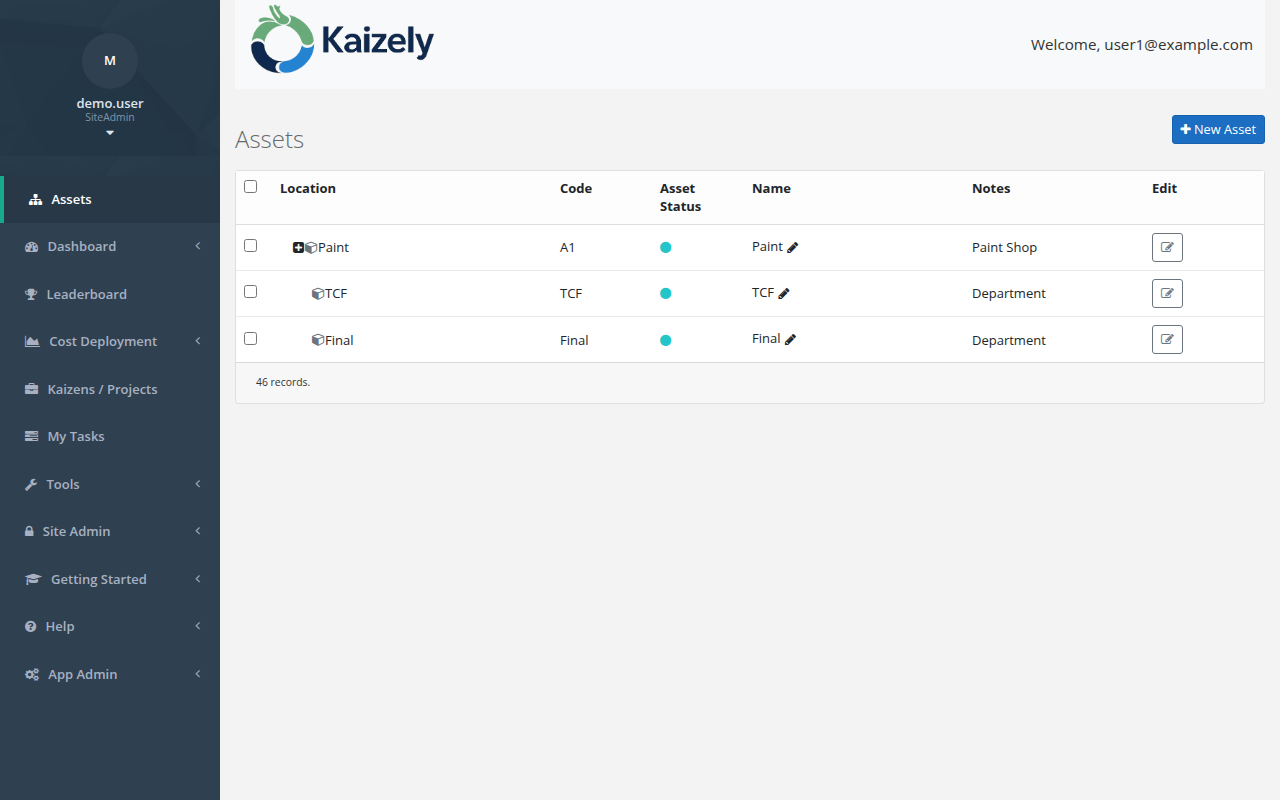 Kaizely Assets page showing the asset hierarchy tree and detail panel